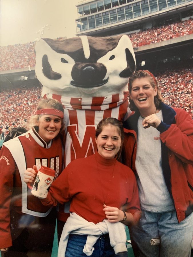Gauthier (left) poses in front of Bucky with sisters, Cindy (middle) and Cheri (right) as a sophomore in college in 1991.