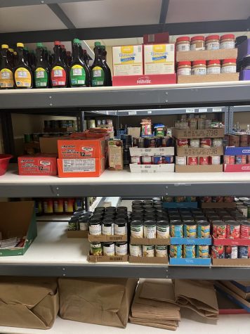 One of many shelves of food at the Food Pantry.