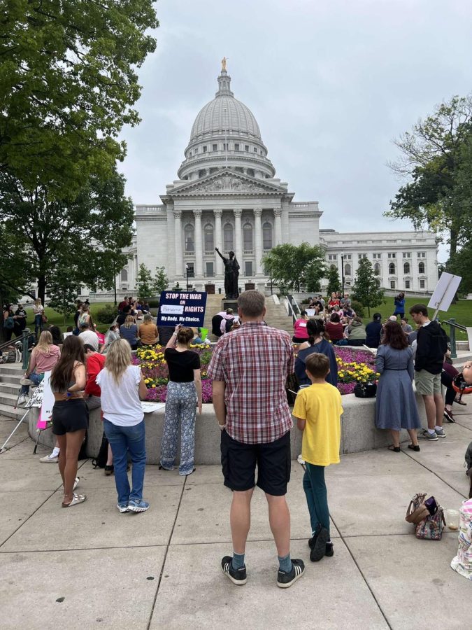 Protesters gather outside the Wisconsin Capitol to protest the overturning of Roe v. Wade in June 2022.