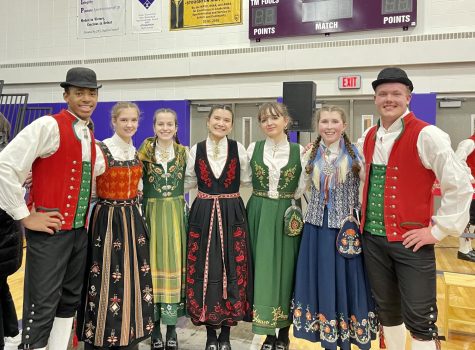 Norwegian Dancers gather together after their performance at the Norse Afternoon of Fun.