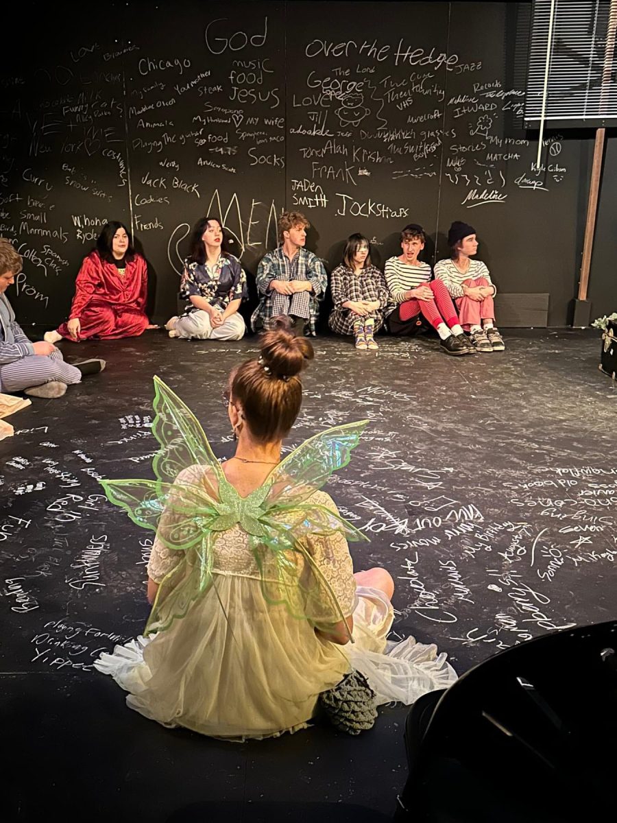 SHS theater departments creative take on the spring play Peter Pan. The set features chalkboard walls and flooring covered in the casts happy thoughts. 