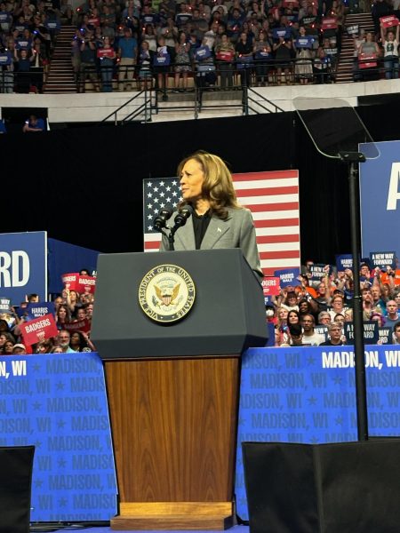 Harris speaks at a rally in Madison, WI in late September. 